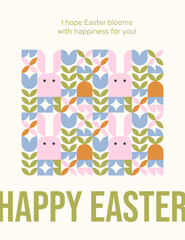 Happy Easter. Banner, card, flyer template with greeting text and geometric pattern with cute Easter bunnies and spring flowers.	