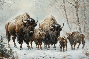 Majestic Buffalo Herd in Winter: American Bison Family Braving the Cold