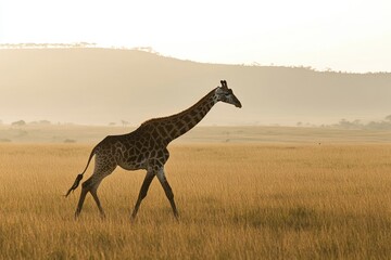 Majestic Giraffe in Motion Across a Grassy Savanna Under the Hazy Mountains of Maasai Mara, Kenya