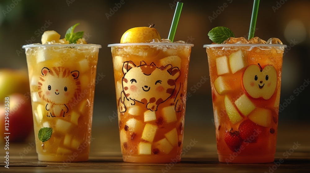 Poster three vibrant cups of fruit beverages are displayed, each with unique animal illustrations. the drin