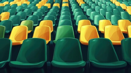 Naklejka premium Row of green and yellow plastic chairs in an empty auditorium