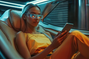 Modern Mobility: Young Woman Interacting with Holographic Interface in an Autonomous Electric Vehicle