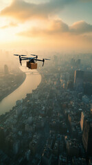 Drone Delivering a Package Over a Modern City at Sunrise