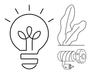 Light bulb representing ideas, plant symbolizing nature, and industrial gear for engineering. Ideal for innovation, sustainability, technology, creativity, energy, eco-friendly solutions flat simple
