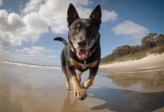 australian stumpy dog running  on the beach