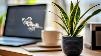 Modern Home Office with a Laptop and a Snake Plant