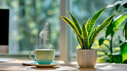 Snake Plant and a Steaming Cup of Coffee in a Bright Office