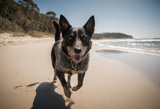 australian stumpy dog running  on the beach