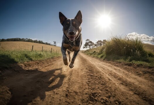 australian stumpy dog running in the meadown