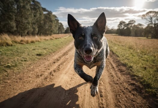 australian stumpy dog running in the meadown
