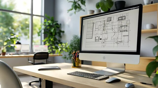 Architectural design with detailed building plans and 3D models in computer screen on a desk in a modern office. Innovative architectural design	