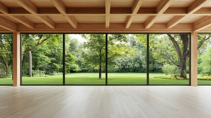 Spacious modern interior with a seamless view of lush greenery through large glass windows, inviting natural light and tranquility
