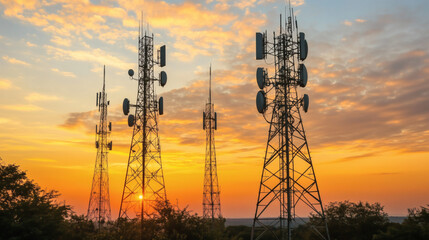 Torres de telecomunicaciones al atardecer en un paisaje rural