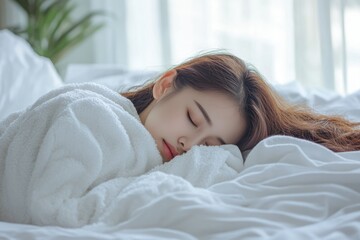 Obraz premium Serene Asian Woman Embracing Comfort While Side Sleeping on a Bright Bed, Enjoying a Blissful Daydream Under a Soft Blanket