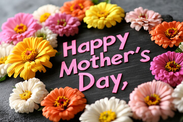 happy mother's day, written in pink, on top of a chalkboard background surrounded by zinnia flowers in various colors