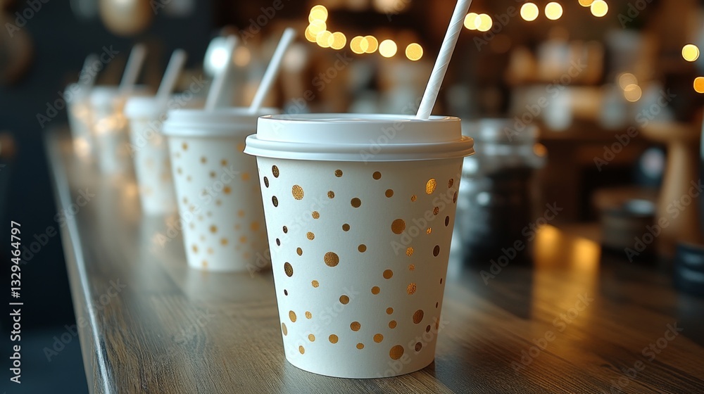 Poster several decorative coffee cups with polka dots sit on a wooden table surrounded by warm ambiance fro