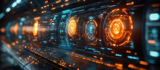 Naklejka premium Futuristic control panel with glowing orange and blue interfaces.