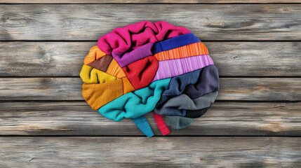 A creative representation of the human brain made from colorful fabric pieces arranged on a wooden background.