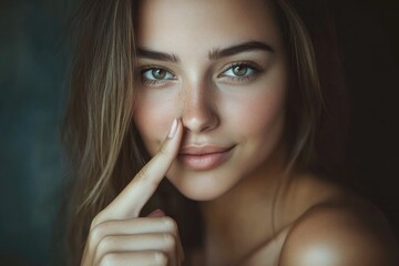 Obraz premium Tranquil Elegance: Portrait of a Smiling Woman Holding a Finger to Her Lips in Serenity
