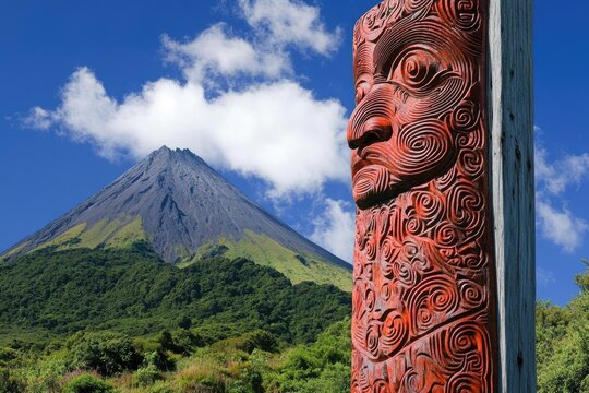 Traditional Maori Carving Against the Majestic Taranaki Mountain under a Dramatic Sky in New Zealand