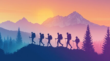 Group of people hiking in mountains, capturing adventure, fitness, and dedication to outdoor activities that promote well-being.