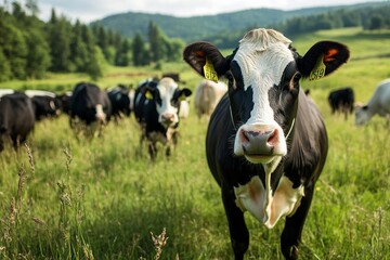 Black and white cows grazing in a lush green pasture with forest background