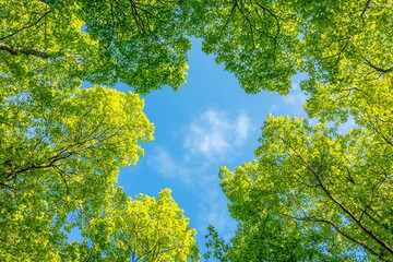 Fototapeta premium Looking Up at Green Tree Canopy Against a Bright Blue Sky