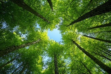 Fototapeta premium Looking Up at Tall Green Trees Against a Bright Blue Sky