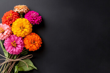 happy mother's day text with colorful zinnia flowers on a chalkboard background, top view, flat lay, studio lighting