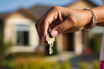 African female hand holding house key in front of new home