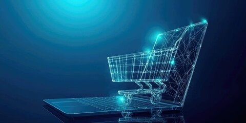 Virtual Shopfront. Polygonal Cart on Laptop in Digital Marketplace with Blue Background for Marketing and Commerce