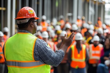 African male construction foreman leading team safety meeting on site