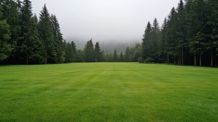 Obraz premium A fog-laden field bordered by towering pines creates a serene, mystical landscape, with the mist gradually concealing the distant horizon.