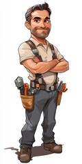 Whimsical Handyman Character in Cartoon Style, Showcasing Professional Tools and Skills