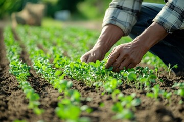 Fototapeta premium Asian male farmer cultivating young plants in green field on sunny day