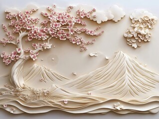 relief art of cherry blossoms with mountains and clouds.
