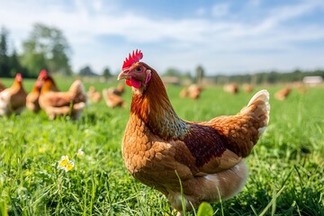 Fototapeta premium Brown hen in lush green field with flock under blue sky