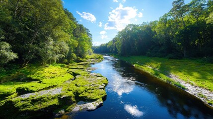 River flows through a lush green forest on a sunny day