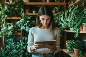 Young caucasian female using tablet in indoor plant nursery with shelves of greenery