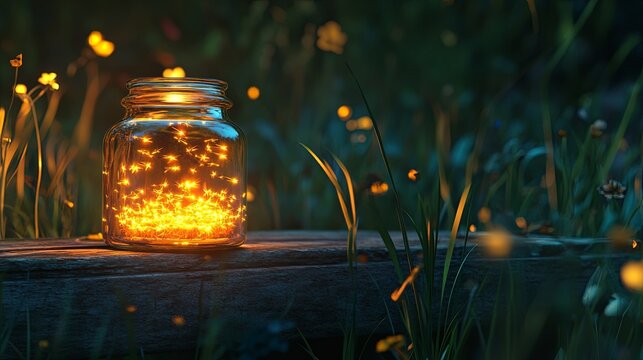A glowing firefly jar placed on a rustic bench surrounded by tall grass. background