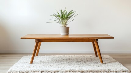 A single wooden coffee table styled with a small potted plant on a white rug. background