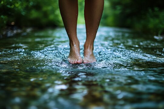 Barefoot relaxation in refreshing forest stream with crystal-clear water