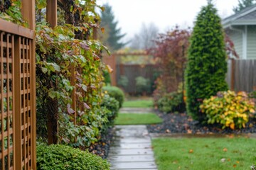 Obraz premium Serene autumn garden path with lush foliage and wooden trellis