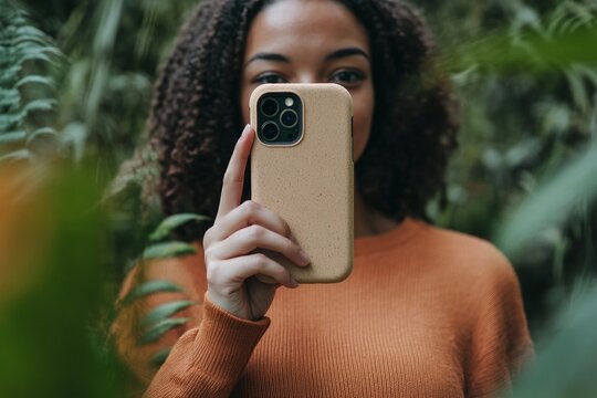 Young african female taking a photo with smartphone in nature setting