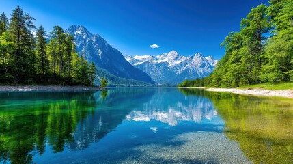 Fototapeta premium Scenic alpine lake reflects snow capped mountains on a sunny day