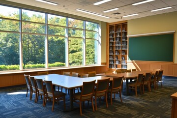 Fototapeta premium Spacious classroom with large windows, table, and chairs