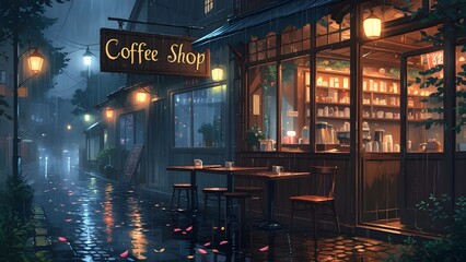 Coffee shop in rainy day cartoon anime style