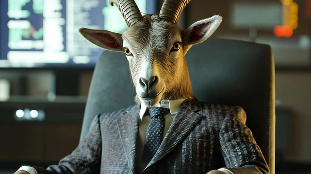 A goat in business suit sitting confidently on a chair with a computer screen displaying financial charts, graphs, and market data on background at office	