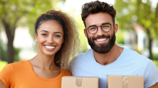 A smiling interracial couple stands at the doorstep of their new home, holding moving boxes, excited about their fresh start in a new neighborhood.