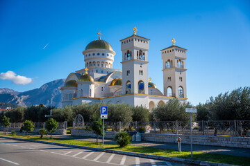 Orthodox Cathedral Church of St. Jovan Vladimir in white and gold colors in Bar, Montenegro. 